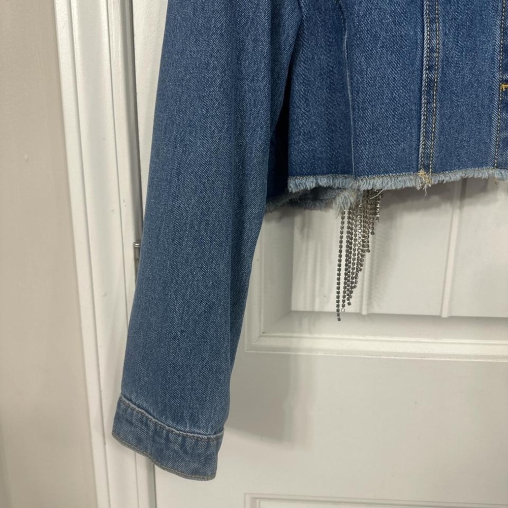 One of a kind statement cropped upcycled western disco denim jacket. Large - Picture 4 of 8